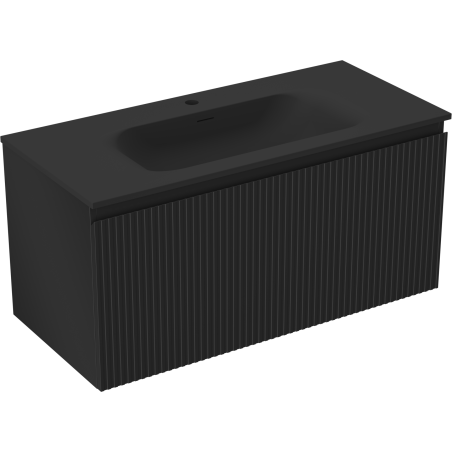 Mexen Rivel Badezimmerschrank 100 cm mit Waschbecken Vela, 1 Schublade, geriffelt, schwarz matt - 91A20-10047-1-BF71-W23M71