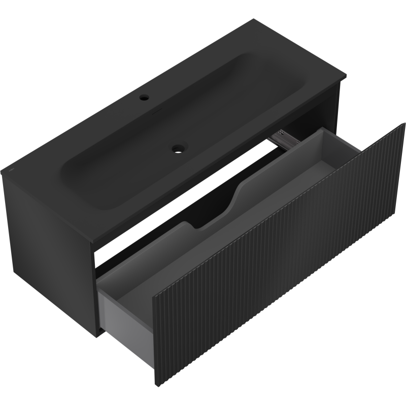 Mexen Rivel 120 cm Bathroom Cabinet with Vela Basin, 1 Drawer, Fluted, Black Matte - 91A20-12047-1-BF71-W23M71