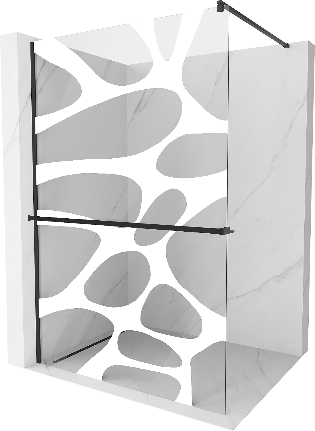 Mexen Kioto+ ścianka prysznicowa z półką Walk-in 120 x 200 cm, biały wzór, czarna - 800-120-121-70-97
