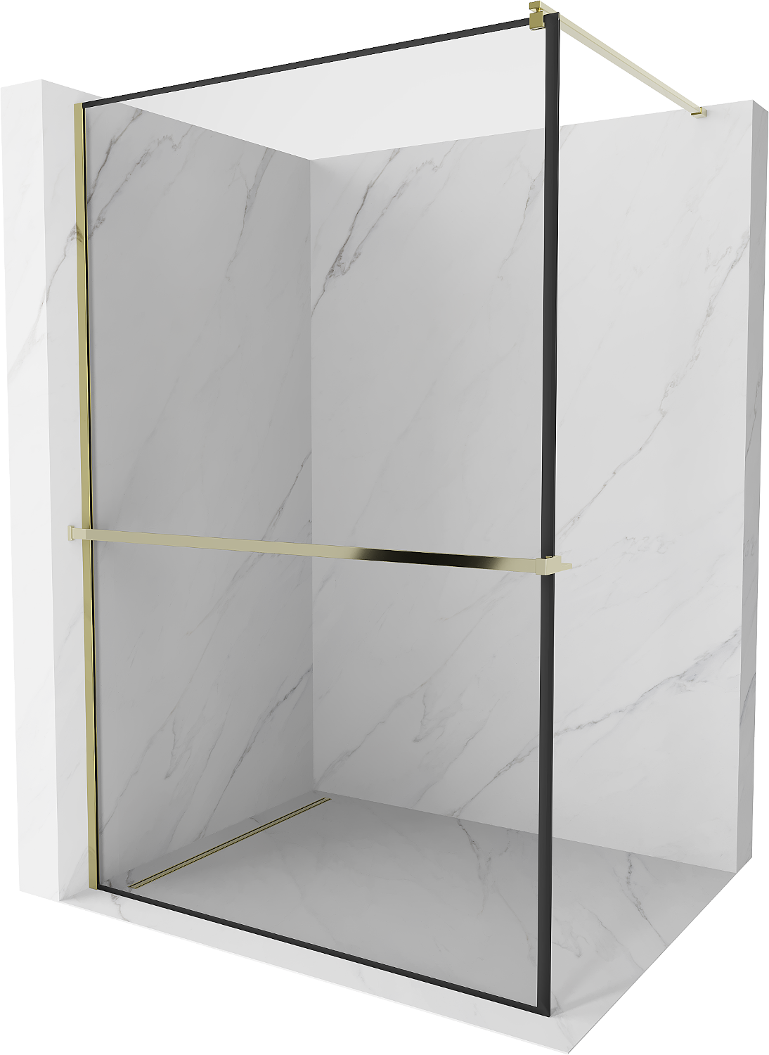 Mexen Kioto+ ścianka prysznicowa z półką Walk-in 110 x 200 cm, czarny wzór, złota - 800-110-121-50-70