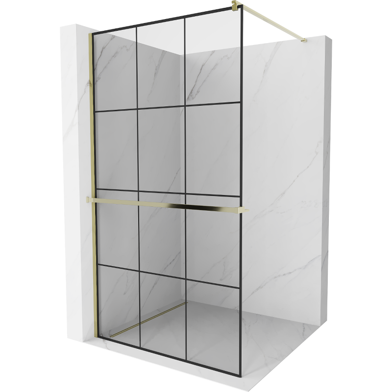 Mexen Kioto+ shower wall with shelf Walk-in 110 x 200 cm, black grid, gold - 800-110-121-50-77