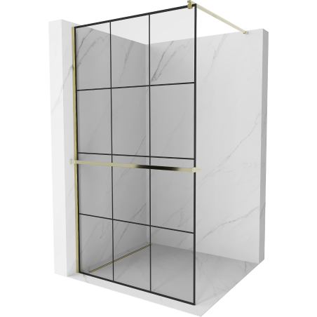 Mexen Kioto+ douchewand met plank Walk-in 120 x 200 cm, zwart rooster, goud - 800-120-121-50-77