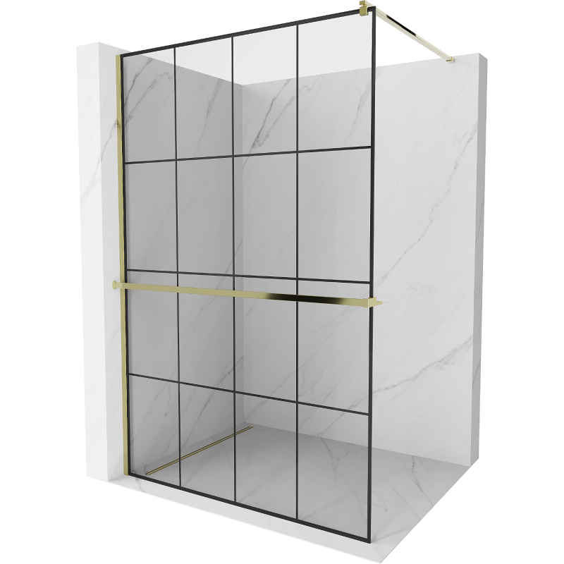 Mexen Kioto+ shower wall with shelf Walk-in 130 x 200 cm, black grid, gold - 800-130-121-50-77