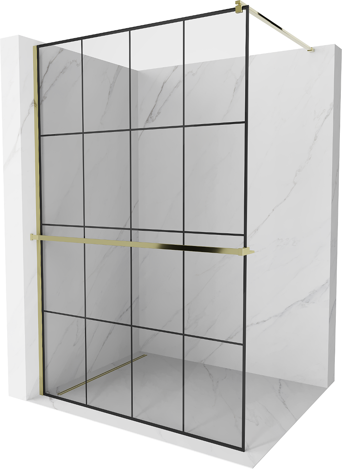 Mexen Kioto+ ścianka prysznicowa z półką Walk-in 130 x 200 cm, czarny wzór, złota - 800-130-121-50-77