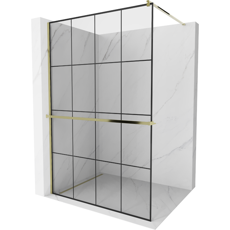 Mexen Kioto+ duschvägg med hylla Walk-in 140 x 200 cm, svart rutmönster, guld - 800-140-121-50-77