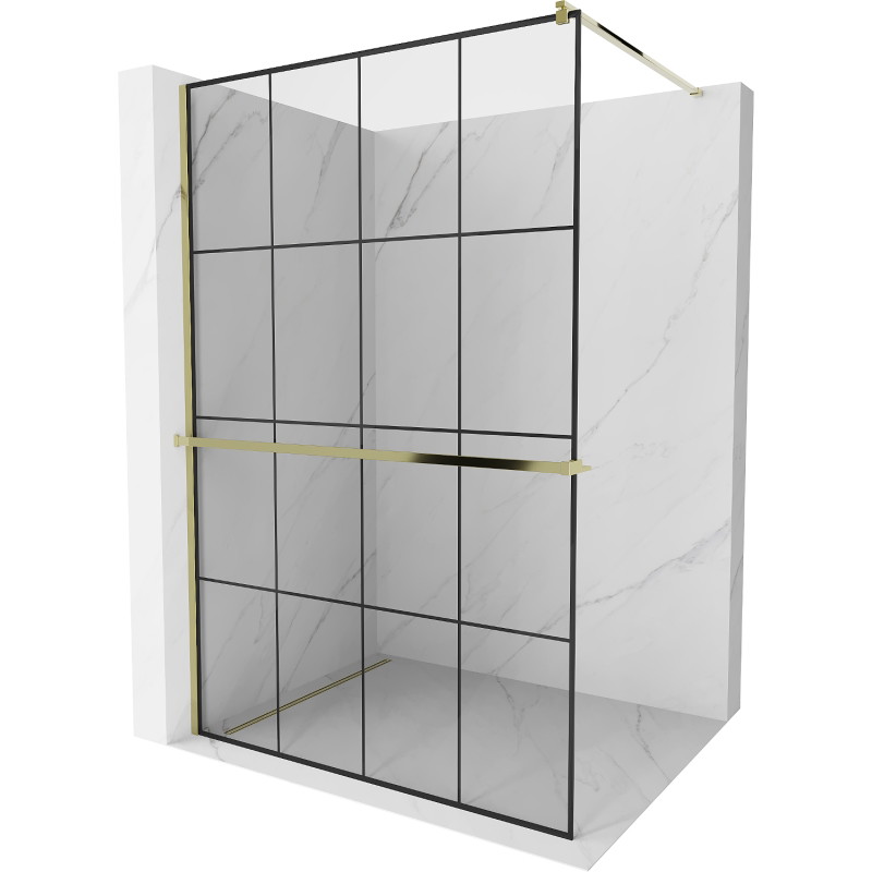 Mexen Kioto+ dušisein koos riiuliga Walk-in 140 x 200 cm, must ruudustik, kuldne - 800-140-121-50-77