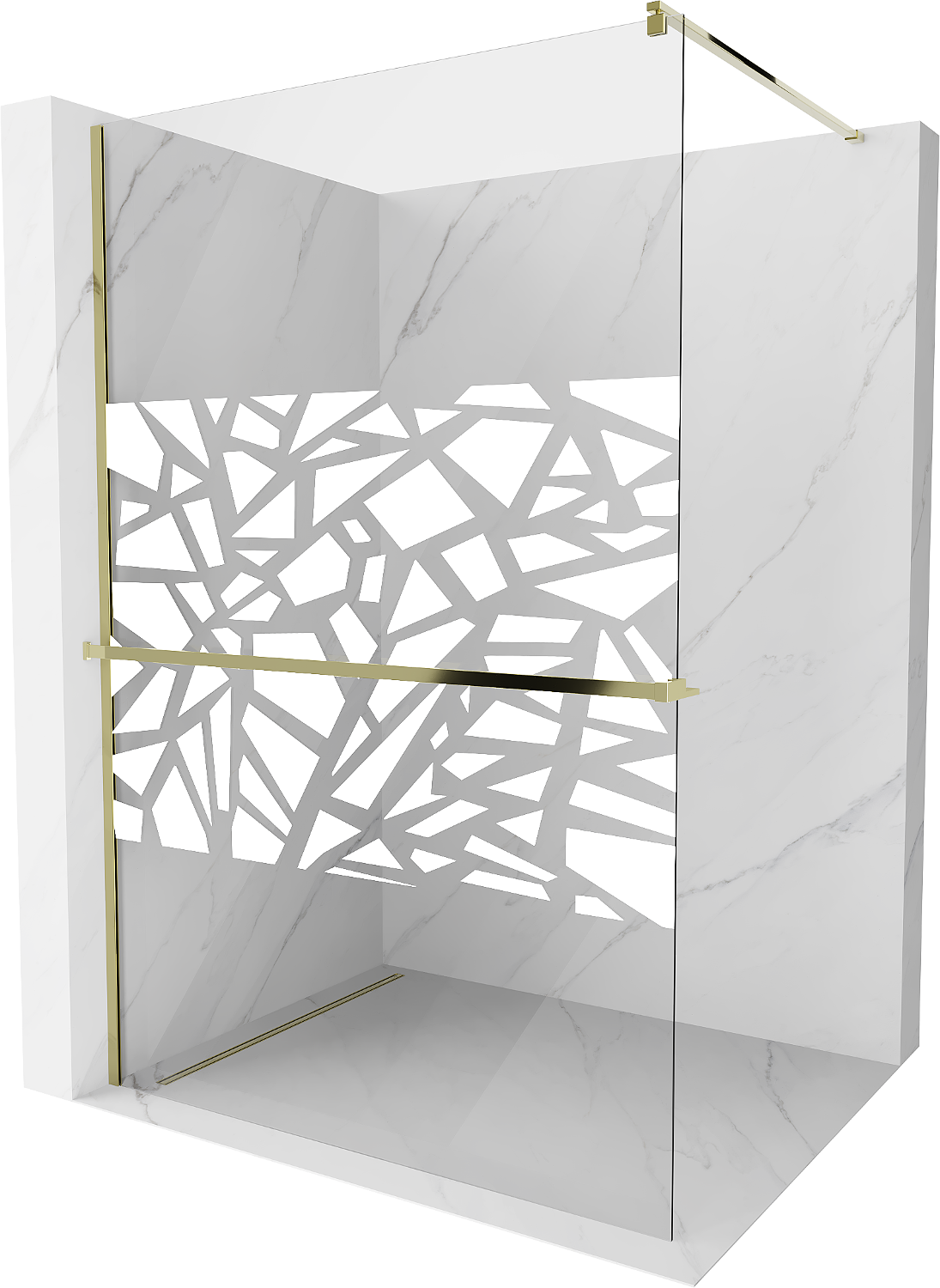 Mexen Kioto+ ścianka prysznicowa z półką Walk-in 110 x 200 cm, biały wzór, złota - 800-110-121-50-85