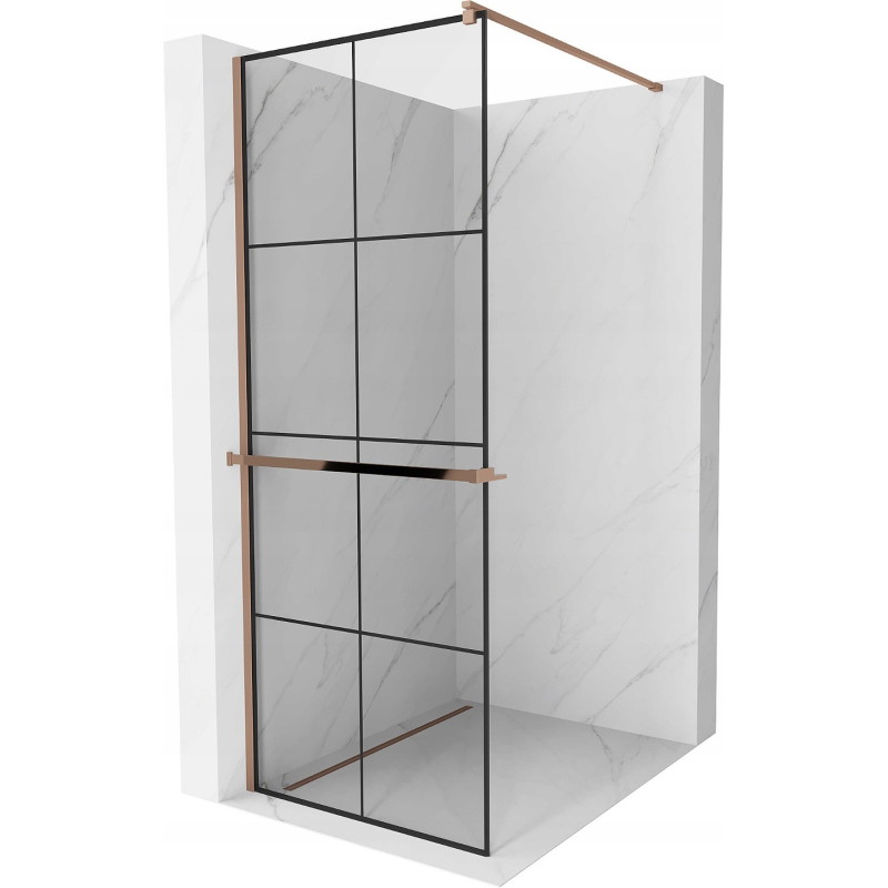 Mexen Kioto+ ścianka prysznicowa z półką Walk-in 90 x 200 cm, czarna kratka, różowe złoto - 800-090-121-60-77