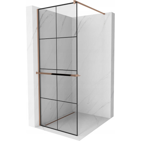 Mexen Kioto+ ścianka prysznicowa z półką Walk-in 90 x 200 cm, czarna kratka, różowe złoto - 800-090-121-60-77