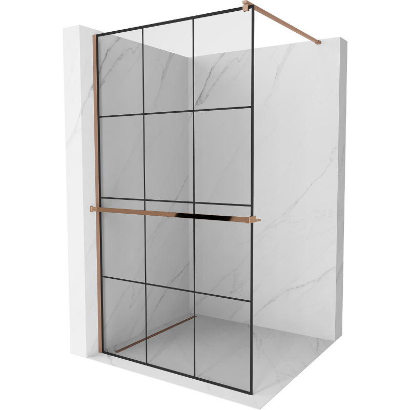 Mexen Kioto+ parete doccia con mensola Walk-in 100 x 200 cm, griglia nera, oro rosa - 800-100-121-60-77