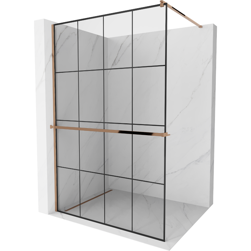 Mexen Kioto+ panel de ducha con estante Walk-in 130 x 200 cm, cuadrícula negra, oro rosa - 800-130-121-60-77