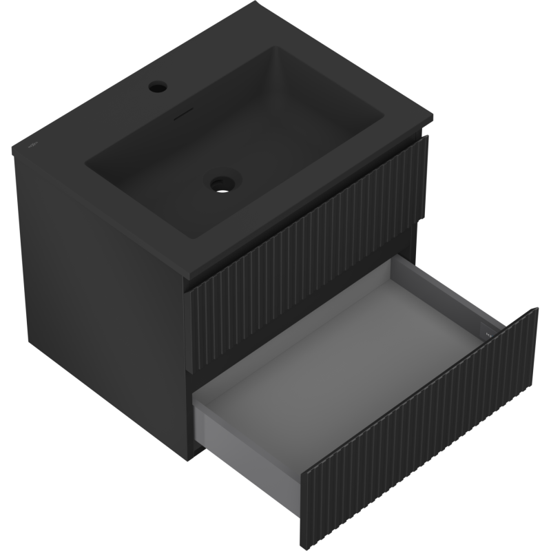 Mexen Rivel Badezimmerschrank 60 cm mit Waschbecken Otis, 2 Schubladen, gerillt, schwarz matt - 91A20-06047-2-BFF71-W18M71