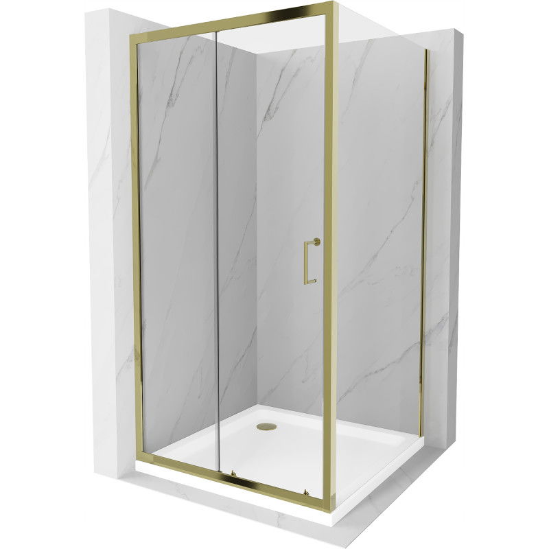 Mexen Apia Duschkabine Schiebetür 90 x 90 cm, transparent, gold + Duschwanne Flat, weiß- 840-090-090-50-00-4010G