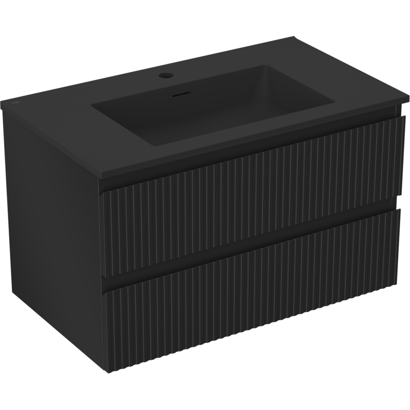 Mexen Rivel Badezimmerschrank 80 cm mit Waschbecken Otis, 2 Schubladen, geriffelt, schwarz matt - 91A20-08047-2-BFF71-W18M71