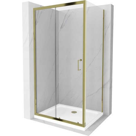 Mexen Apia kabina prysznicowa rozsuwana 90 x 100 cm, transparent, złota + brodzik Flat, biały- 840-090-100-50-00-4010G