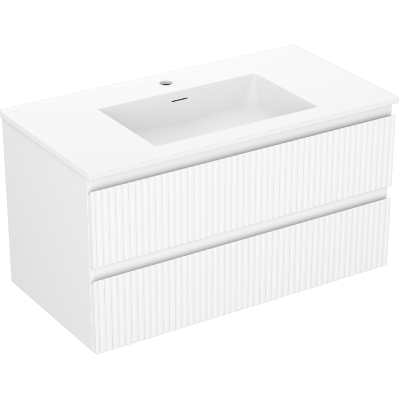 Mexen Rivel Badezimmer-Unterschrank 90 cm mit Waschbecken Otis, 2 Schubladen, geriffelt, weiß matt - 91A20-09047-2-BFF01-W18M01