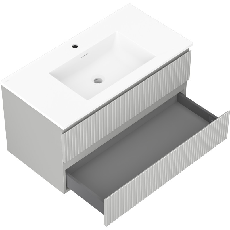 Mexen Rivel armoire de salle de bains 90 cm avec lavabo Otis, 2 tiroirs, rainurée, gris mat/blanc mat