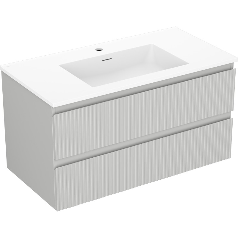 Mexen Rivel armoire de salle de bains 90 cm avec lavabo Otis, 2 tiroirs, rainurée, gris mat/blanc mat