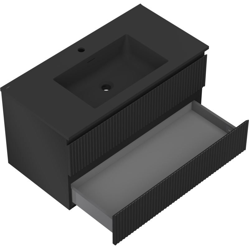 Mexen Rivel bathroom cabinet 90 cm with Otis washbasin, 2 drawers, grooved, black matte - 91A20-09047-2-BFF71-W18M71