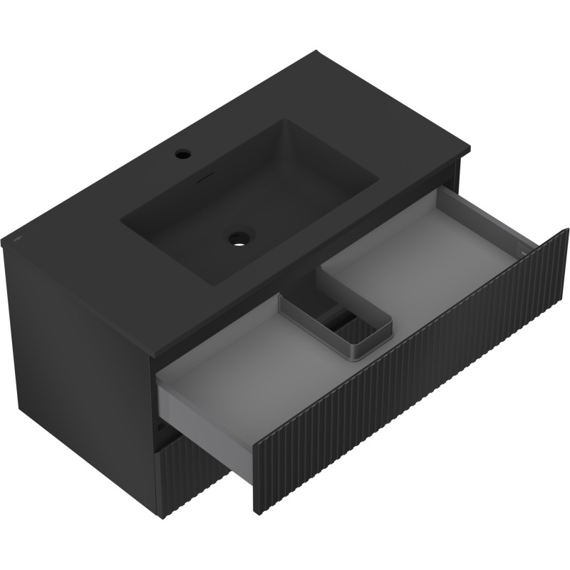 Mexen Rivel Badezimmerschrank 90 cm mit Waschbecken Otis, 2 Schubladen, geriffelt, Schwarz matt - 91A20-09047-2-BFF71-W18M71