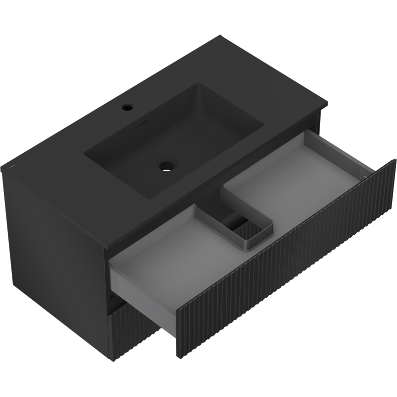 Mexen Rivel bathroom cabinet 90 cm with Otis washbasin, 2 drawers, grooved, black matte - 91A20-09047-2-BFF71-W18M71