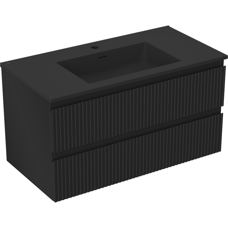 Mexen Rivel Badezimmerschrank 90 cm mit Waschbecken Otis, 2 Schubladen, geriffelt, schwarz matt - 91A20-09047-2-BFF71-W18M71