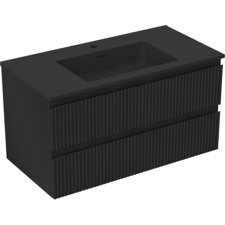 Mexen Rivel Badezimmerschrank 90 cm mit Waschbecken Otis, 2 Schubladen, geriffelt, schwarz matt - 91A20-09047-2-BFF71-W18M71