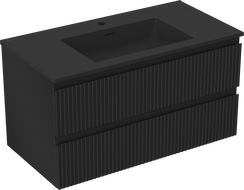 Mexen Rivel Badezimmerschrank 90 cm mit Waschbecken Otis, 2 Schubladen, gerillt, schwarz matt - 91A20-09047-2-BFF71-W18M71