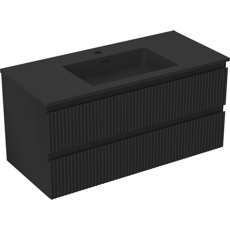 Mexen Rivel Badezimmerschrank 100 cm mit Waschbecken Otis, 2 Schubladen, gerillt, schwarz matt - 91A20-10047-2-BFF71-W18M71