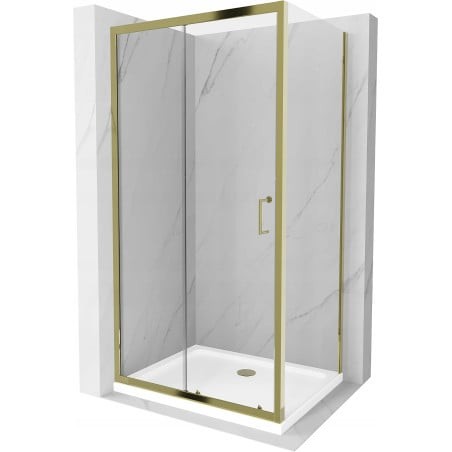 Mexen Apia kabina prysznicowa rozsuwana 140 x 70 cm, transparent, złota + brodzik Flat, biały- 840-140-070-50-00-4010G