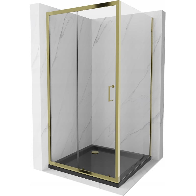 Mexen Apia cabine de douche coulissante 90 x 90 cm, transparent, or + receveur de douche Flat, noir - 840-090-090-50-00-4070G