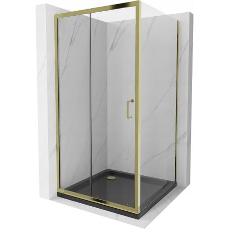 Mexen Apia Duschkabine Schiebetür 90 x 90 cm, transparent, gold + Duschwanne Flat, schwarz - 840-090-090-50-00-4070G
