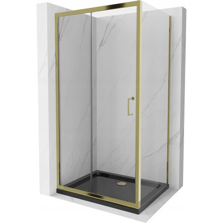 Mexen Apia kabina prysznicowa rozsuwana 90 x 100 cm, transparent, złota + brodzik Flat, czarny - 840-090-100-50-00-4070G