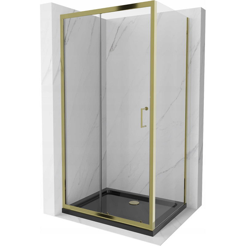 Mexen Apia skjutbar duschkabin 100 x 90 cm, transparent, guld + Flat duschkar, svart - 840-100-090-50-00-4070G