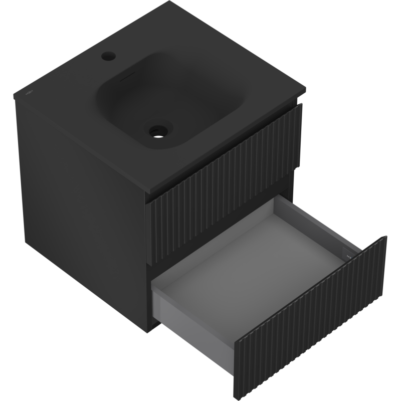 Mexen Rivel mueble de baño de 50 cm con lavabo Vela, 2 cajones, acanalado, negro mate - 91A20-05047-2-BFF71-W23M71