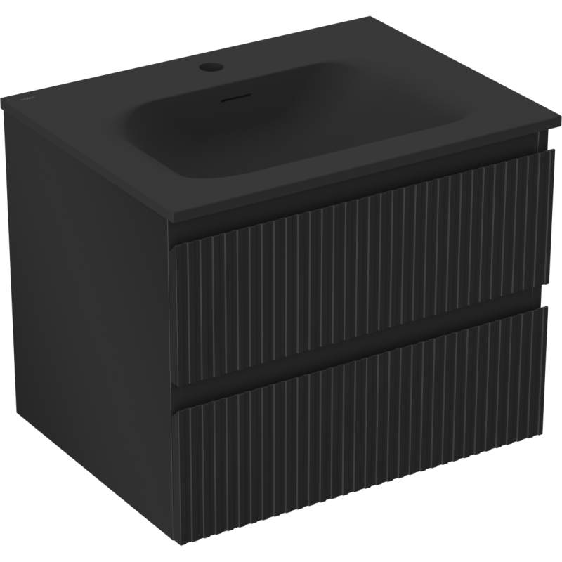 Mexen Rivel Badezimmerschrank 60 cm mit Waschbecken Vela, 2 Schubladen, geriffelt, schwarz matt - 91A20-06047-2-BFF71-W23M71