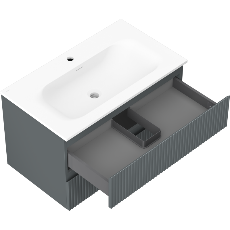 Mexen Rivel armoire de salle de bains 80 cm avec lavabo Vela, 2 tiroirs, rainurée, graphite mat/blanc mat -