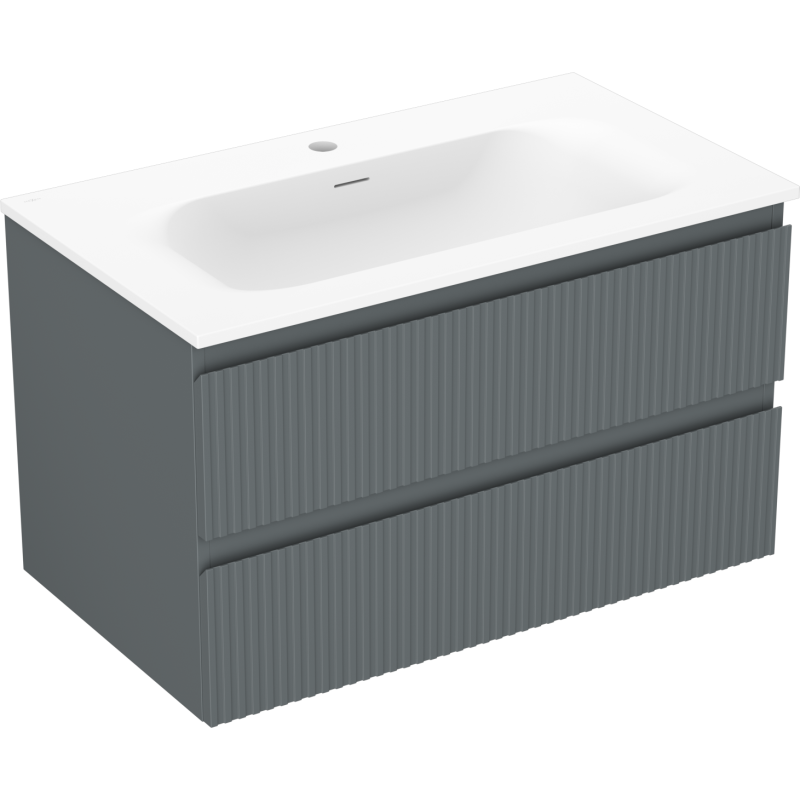 Mexen Rivel Badezimmerschrank 80 cm mit Waschbecken Vela, 2 Schubladen, geriffelt, Graphit matt/Weiß matt -