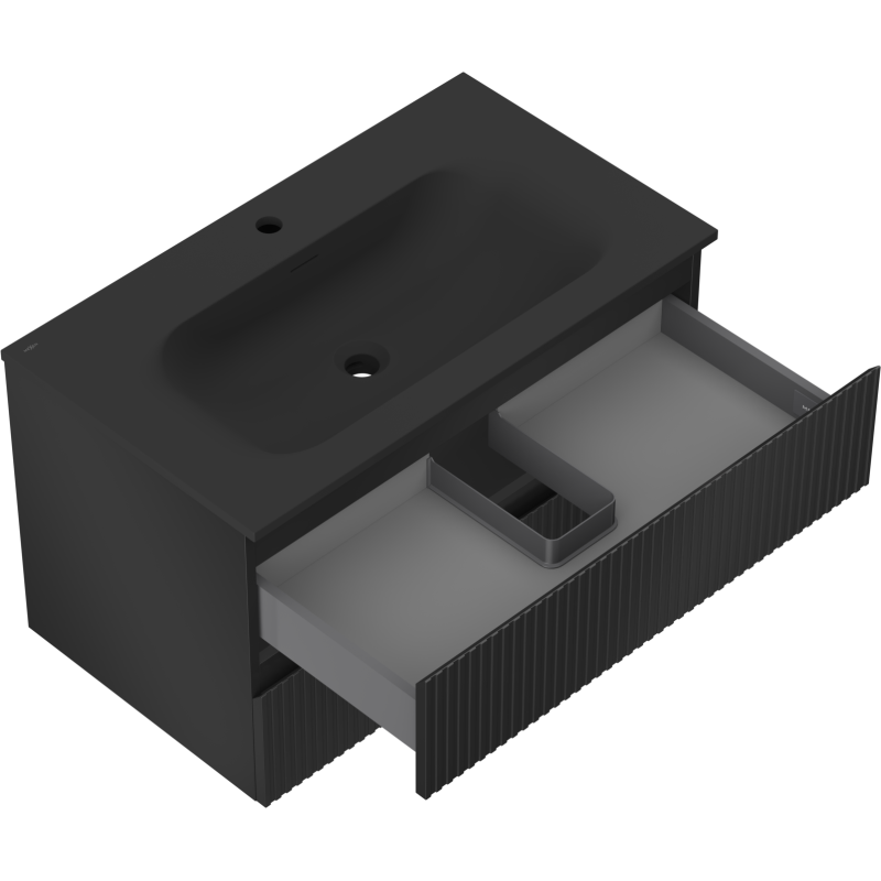 Mexen Rivel meuble de salle de bain 80 cm avec lavabo Vela, 2 tiroirs, cannelé, noir mat - 91A20-08047-2-BFF71-W23M71