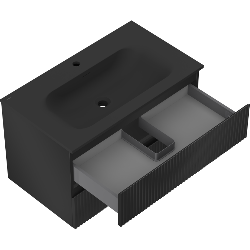 Mexen Rivel mueble de baño 80 cm con lavabo Vela, 2 cajones, acanalado, negro mate - 91A20-08047-2-BFF71-W23M71