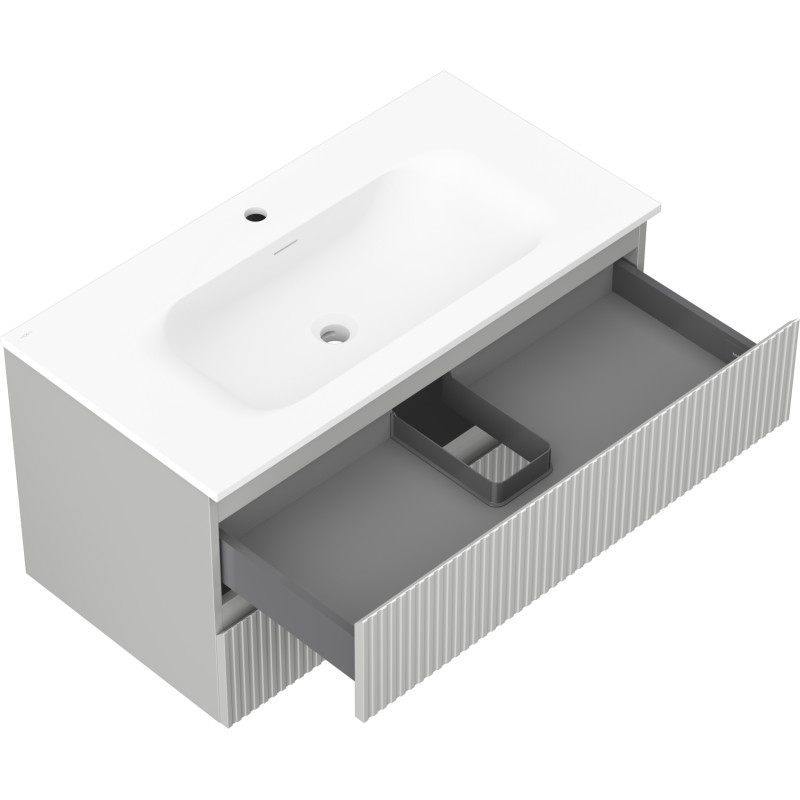 Mexen Rivel armoire de salle de bain 90 cm avec lavabo Vela, 2 tiroirs, rainurée, gris mat/blanc mat