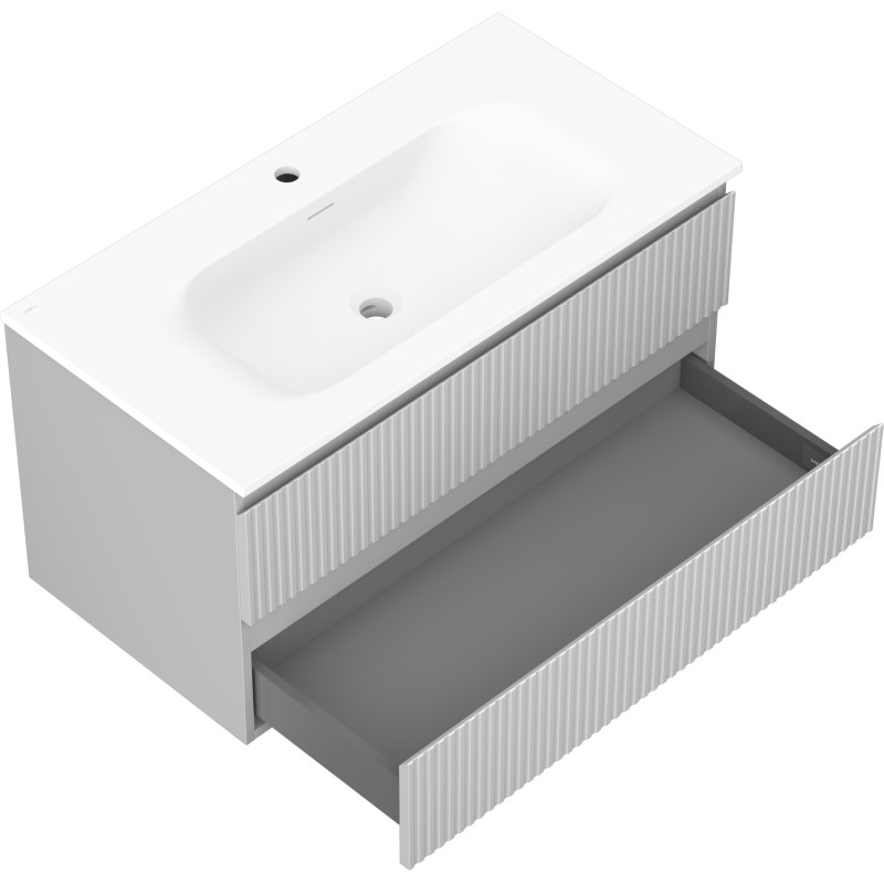 Mexen Rivel badkamerkast 90 cm met wastafel Vela, 2 laden, geribbeld, grijs mat / wit mat - 91A20-09047-2-BFF62-W23M01