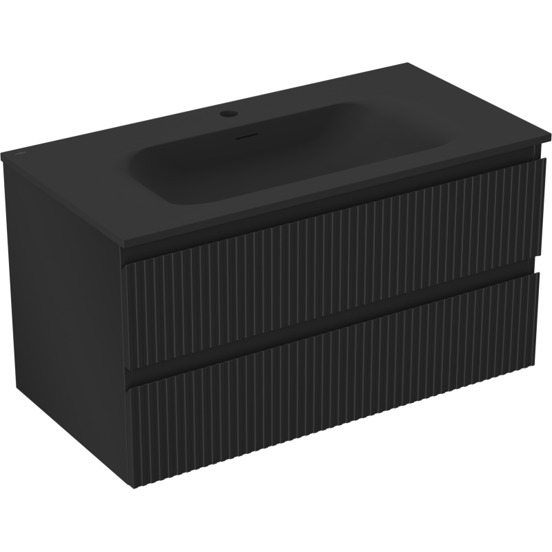 Mexen Rivel Badezimmerunterschrank 90 cm mit Waschbecken Vela, 2 Schubladen, gerillt, schwarz matt - 91A20-09047-2-BFF71-W23M71