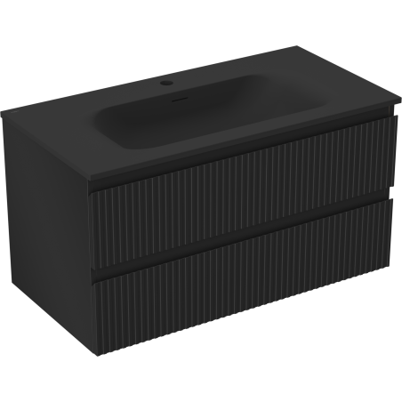 Mexen Rivel Badezimmerunterschrank 90 cm mit Waschbecken Vela, 2 Schubladen, gerillt, schwarz matt - 91A20-09047-2-BFF71-W23M71
