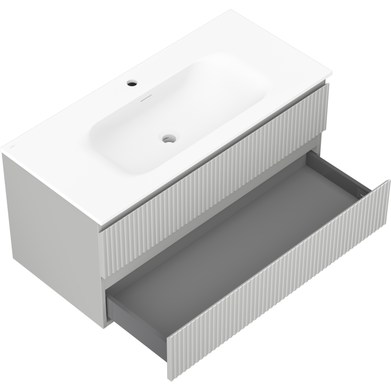 Mexen Rivel kylpyhuonekaappi 100 cm pesualtaalla Vela, 2 laatikkoa, uritettu, harmaa matta/valkoinen matta