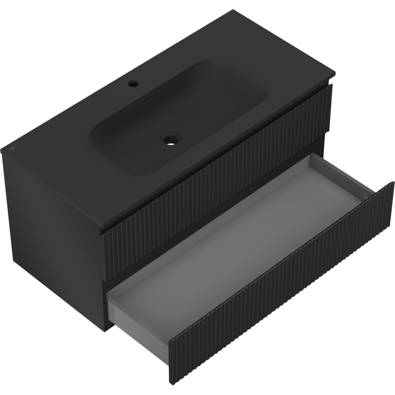 Mexen Rivel armario de baño de 100 cm con lavabo Vela, 2 cajones, acanalado, negro mate - 91A20-10047-2-BFF71-W23M71