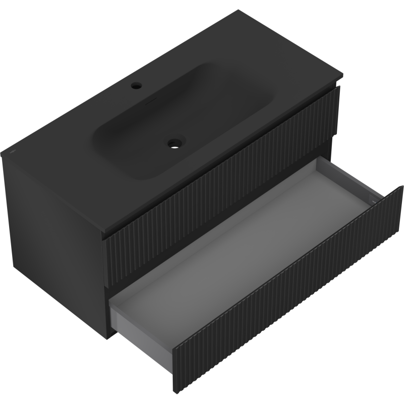 Mexen Rivel badkamerkast 100 cm met Vela wastafel, 2 lades, geribbeld, zwart mat - 91A20-10047-2-BFF71-W23M71