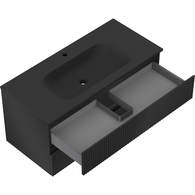 Mexen Rivel mobile bagno 100 cm con lavabo Vela, 2 cassetti, scanalato, nero opaco - 91A20-10047-2-BFF71-W23M71