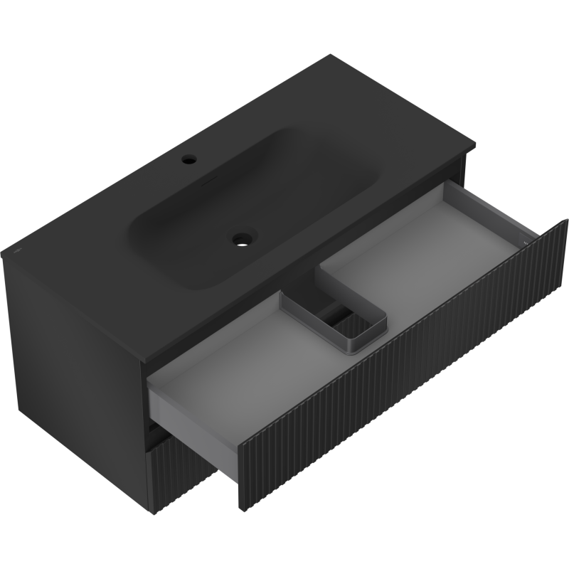 Mexen Rivel mueble de baño 100 cm con lavabo Vela, 2 cajones, acanalado, negro mate - 91A20-10047-2-BFF71-W23M71