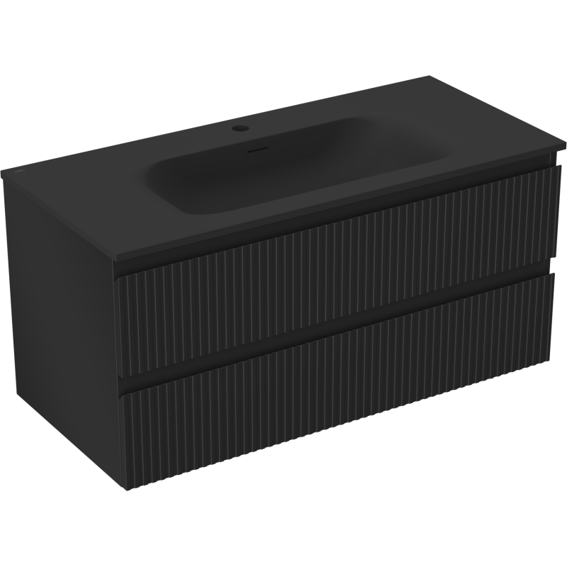 Mexen Rivel Badezimmerschrank 100 cm mit Waschbecken Vela, 2 Schubladen, gerillt, schwarz matt - 91A20-10047-2-BFF71-W23M71